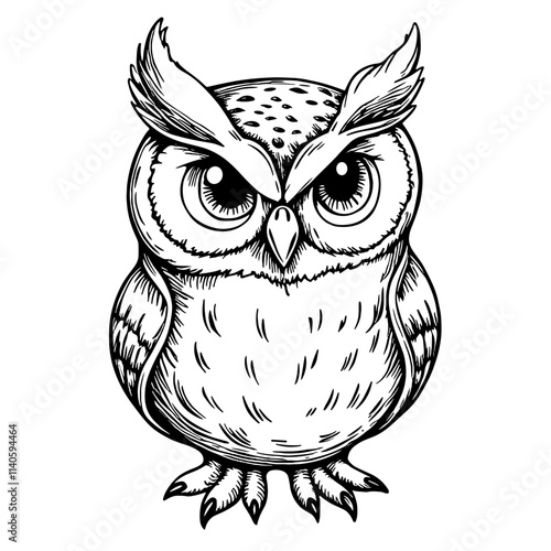 Black and white owl sketch on white background, inspiration icon