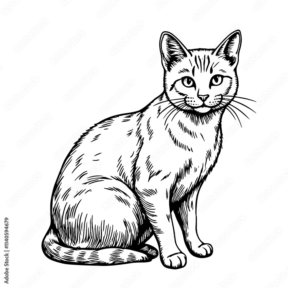 Obraz premium Rural barn cat sitting gracefully on white background, pet symbolism