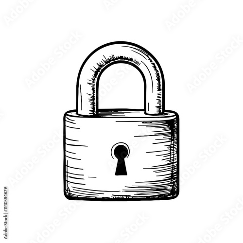 Security lock icon in black and white sketch, symbolizing safety