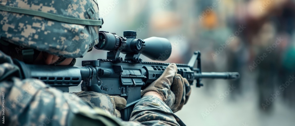 close up of soldier aiming a rifle with scope close up of soldier aiming a rifle with scope