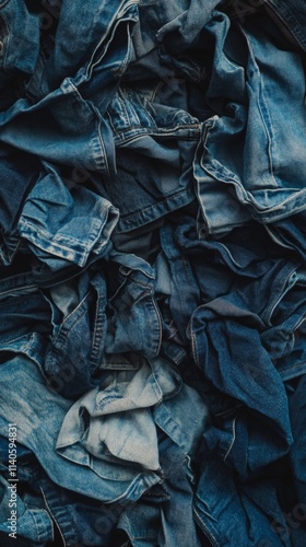 Pile of denim clothes forming textured background photo