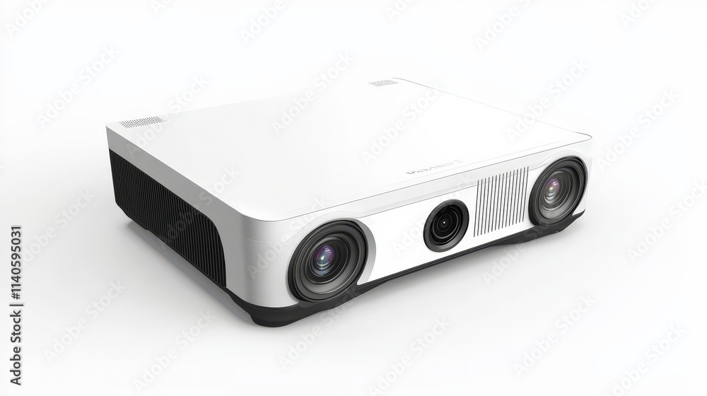 Modern white projector with triple lens for home theater experience Modern white projector with triple lens for home theater experience