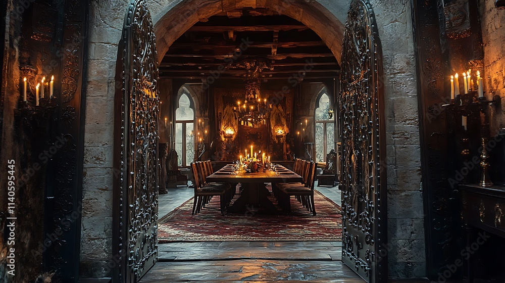 A Gothic arched stone doorway with delicate filigree carvings, opening to a dining hall filled with flickering candles, a long polished wooden table, and rich tapestry-lined walls. Opulent, moody, A Gothic arched stone doorway with delicate filigree carvings, opening to a dining hall filled with flickering candles, a long polished wooden table, and rich tapestry-lined walls. Opulent, moody,