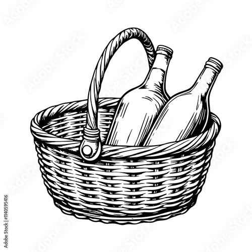 Sketch of picnic basket with bottles on white background, happiness