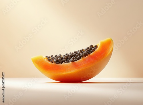 Fresh papaya cut in half showing vibrant orange flesh and black seeds on a br...