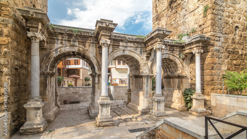 View of Hadrian's Gate in old city of Antalya timelapse hyperlapse, Turkey photo