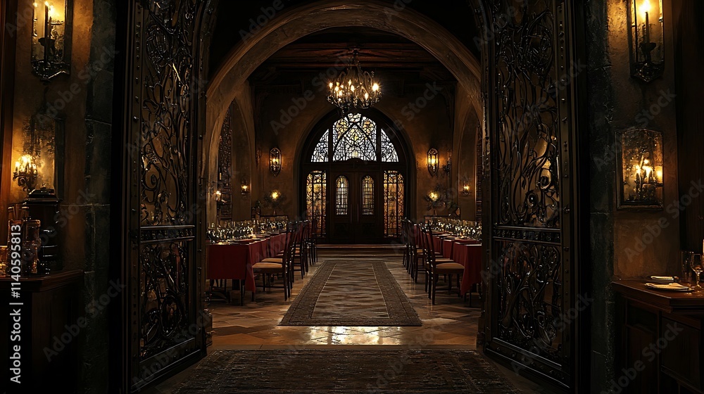 Obraz premium A Gothic-style doorway with arched stained glass and iron accents, framing a dining room with tall candelabras, heavy wooden furniture, and a vaulted ceiling adorned with medieval chandeliers. Dark,
