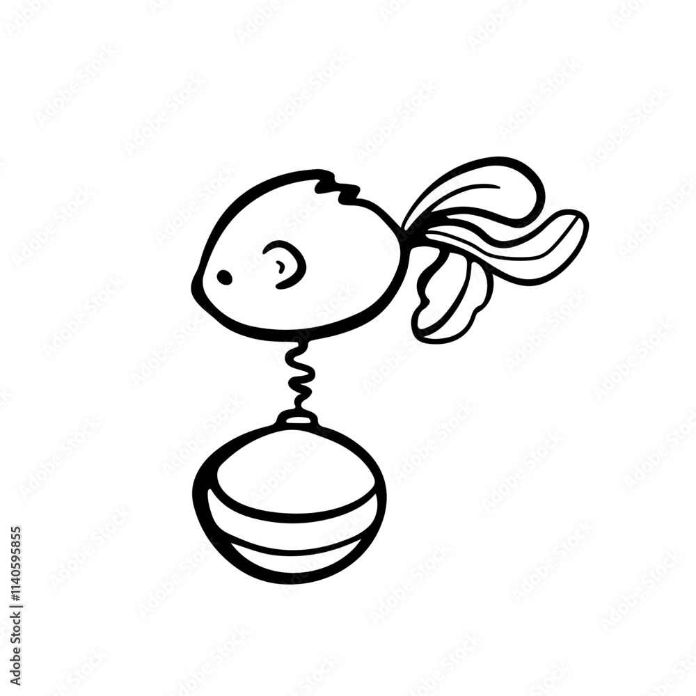 Obraz premium Cat toy mouse with spring on ball. Hand drawn pet accessory. Sketch style Illustration of Pets, cats. Sketch style Illustration for Pet shops, logo, postcards. Funny Crooked doodle vector icon.