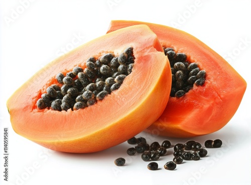 Fresh papaya cut in half showing vibrant orange flesh and black seeds on a br...