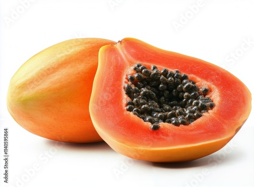 Fresh papaya cut in half showing vibrant orange flesh and black seeds on a br...
