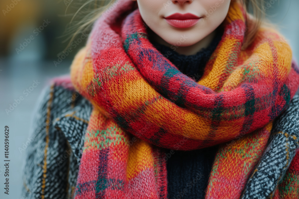 Stylish figure in a cozy oversized plaid coat and bright scarf background Stylish figure in a cozy oversized plaid coat and bright scarf background