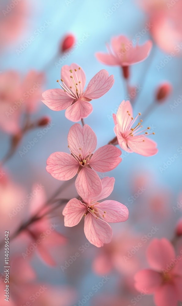 Delicate Pink Cherry Blossoms in Bloom Against a Soft Blue Background Capturing the Essence of Spring and Nature's Beauty Delicate Pink Cherry Blossoms in Bloom Against a Soft Blue Background Capturing the Essence of Spring and Nature's Beauty