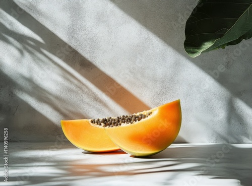 Fresh papaya cut in half showing vibrant orange flesh and black seeds on a br...