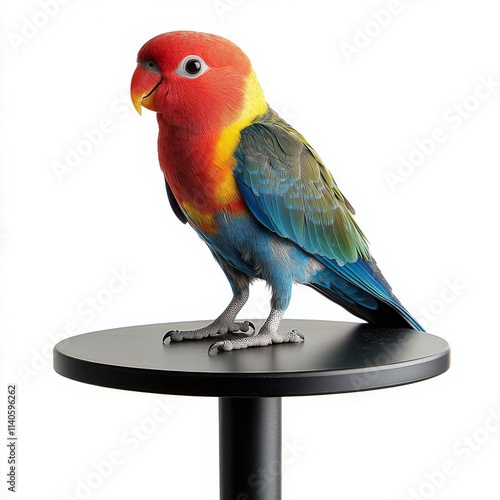 Colorful parrot perched on bright yellow stand in a cozy indoor environment