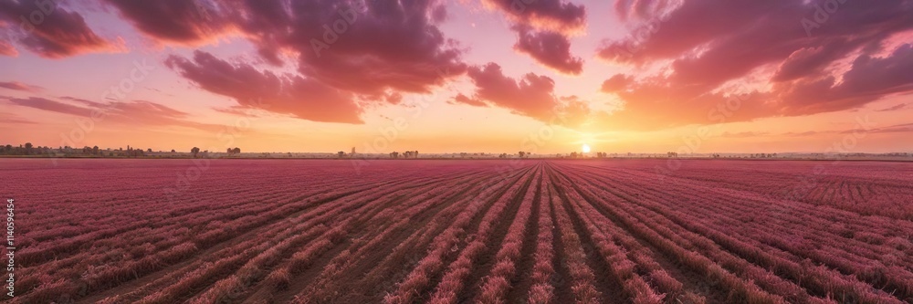 Pink hues of sunset on vast arable fields under cloudy skies , rural scenery, farm landscapes Pink hues of sunset on vast arable fields under cloudy skies , rural scenery, farm landscapes