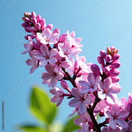 Pink lilac flowers blooming against the soft blue of the sky, blue, bouquet, blooms photo