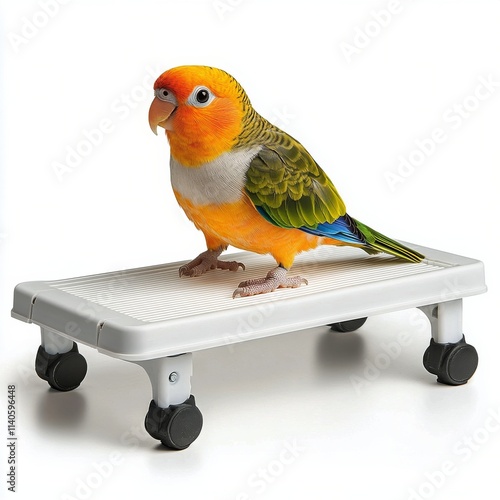 Colorful parrot perched on bright yellow stand in a cozy indoor environment