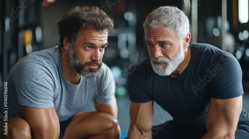 Two men discussing workout techniques in a gym during the daytime