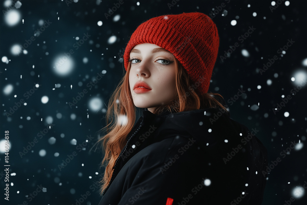 Trendy figure in a sleek black parka and red knit beanie backdrop with falling snowflakes Trendy figure in a sleek black parka and red knit beanie backdrop with falling snowflakes