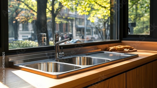 Bright and airy kitchen with large windows and stylish design featuring a woo...