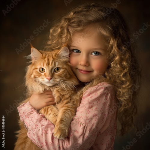 a young girl holding an orange cat