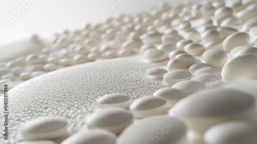 Close view of scattered white spheres with droplets on a smooth surface
