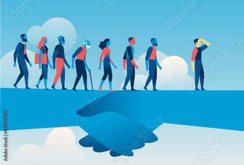A line of diverse people walks across a large helping hand against a blue sky background, symbolizing support, guidance, and transition.