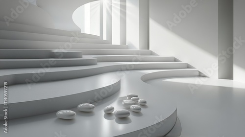 Close view of scattered white spheres with droplets on a smooth surface