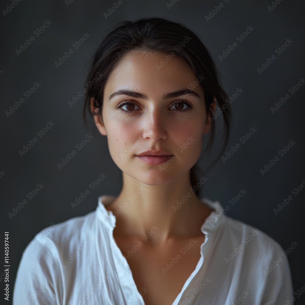 portrait of a woman with brown hair wearing a white shirt portrait of a woman with brown hair wearing a white shirt