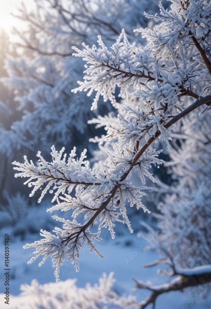 Frosty branches adorned with delicate, sparkling hoarfrost, winter wonderland, winter magic, serene landscapes Frosty branches adorned with delicate, sparkling hoarfrost, winter wonderland, winter magic, serene landscapes