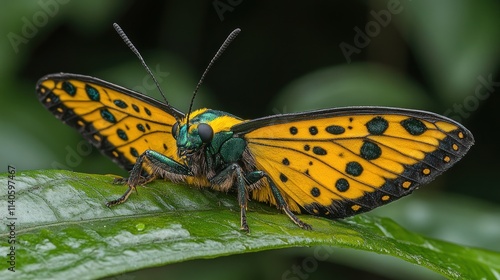 Vibrant yellow and green butterfly perched on a leaf. photo