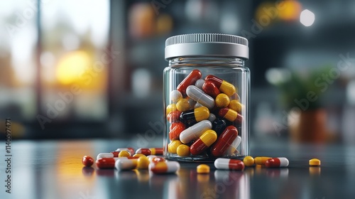Colorful jar of candies against a striking red background with scattered swee...