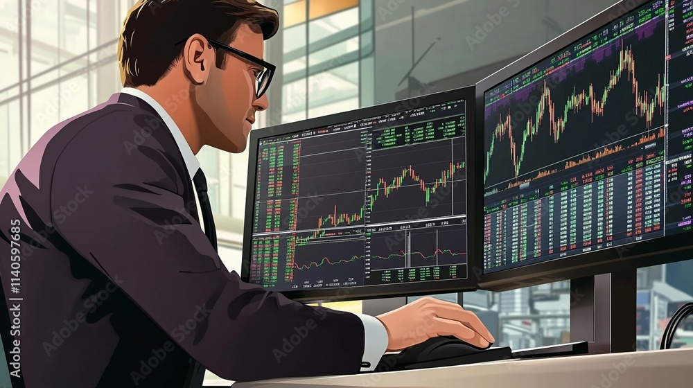A focused stock trader analyzes financial data on dual monitors, interpreting complex graphs and charts within a sophisticated, modern office environment. A focused stock trader analyzes financial data on dual monitors, interpreting complex graphs and charts within a sophisticated, modern office environment.