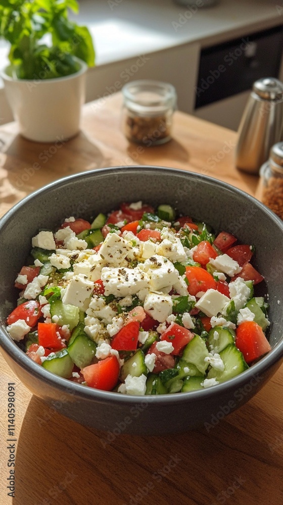 A fresh and colorful Greek salad served in a bowl on a wooden kitchen counter, basking in natural sunlight, showcasing vibrant vegetables and crumbly feta cheese. A fresh and colorful Greek salad served in a bowl on a wooden kitchen counter, basking in natural sunlight, showcasing vibrant vegetables and crumbly feta cheese.