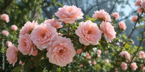 Full-bloomed garden with pale pink peach-colored floribunda rose flowers on a branch, blooming roses, peach rose, pastella flower