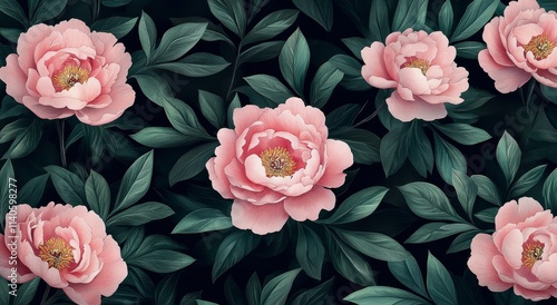 Vibrant pink peonies showcasing intricate details and lush greenery in a dark...