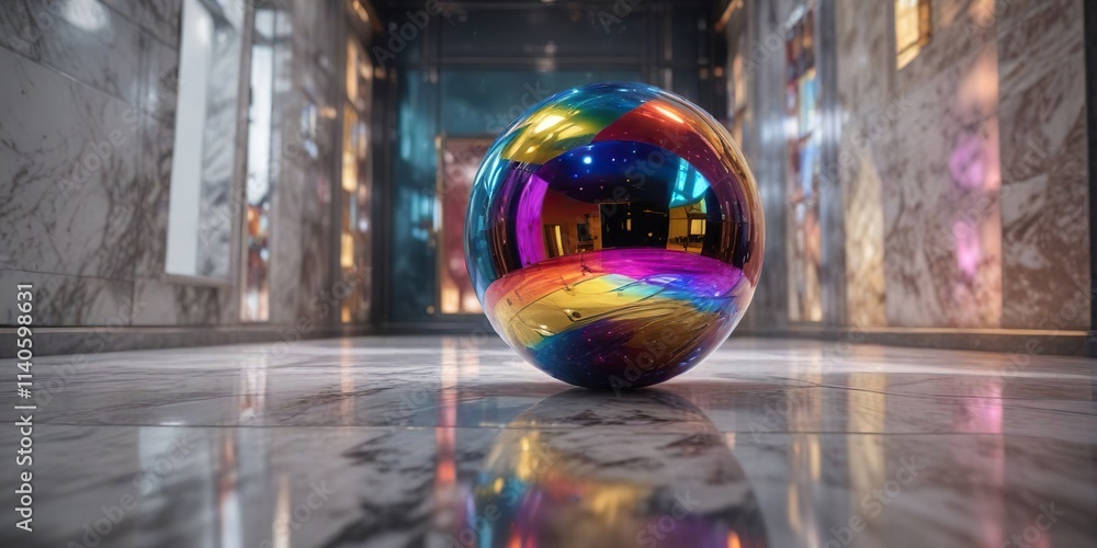 Fototapeta premium Reflective disco sphere suspended from the ceiling, casting a kaleidoscope of colors and lights onto a polished marble floor , colorful lights, reflective surface, bokeh background