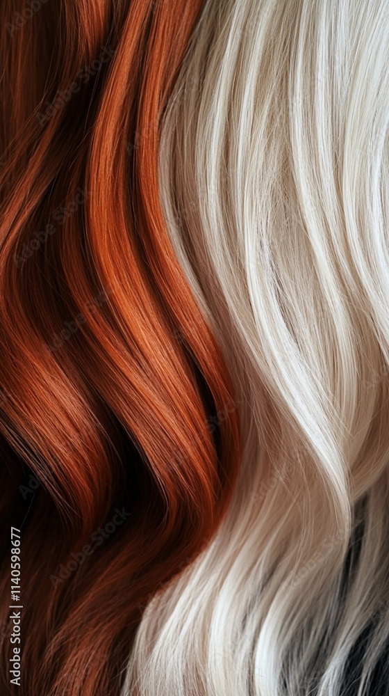 Fototapeta premium Contrasting wavy hair textures in copper red and platinum blonde colors create dramatic visual effect, showcasing modern hair coloring techniques and styling artistry.