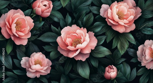 Vibrant pink peonies showcasing intricate details and lush greenery in a dark...