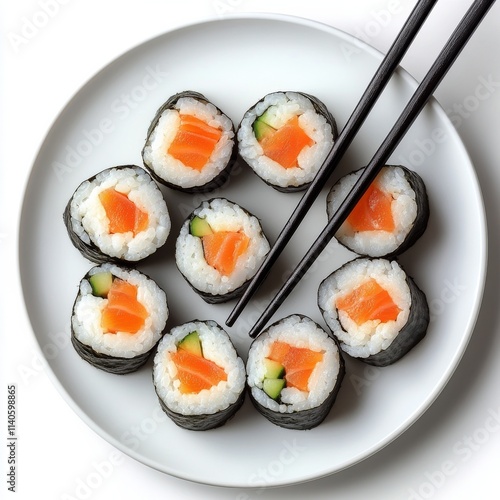 Colorful sushi platter featuring salmon nigiri and salmon rolls served with c...