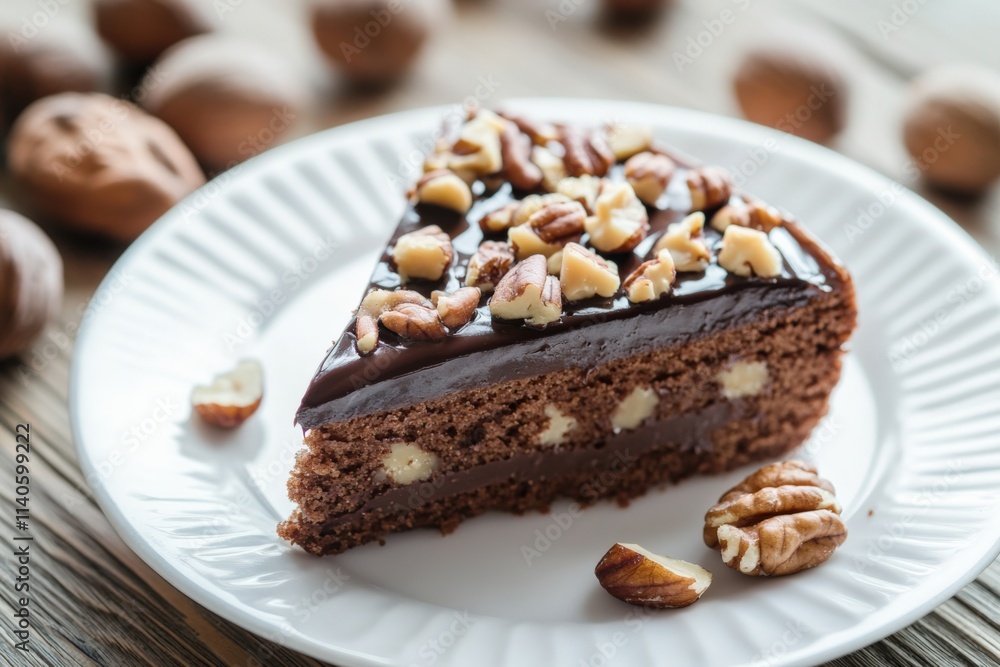 a slice of chocolate cake with nuts on a white plate a slice of chocolate cake with nuts on a white plate