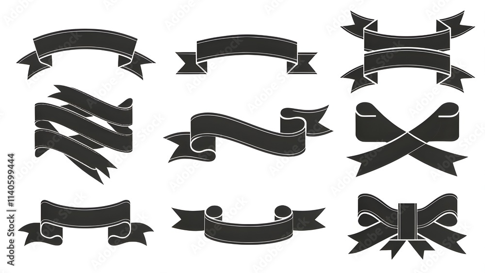 Paper Ribbon black silhouette icons vector set Paper Ribbon black silhouette icons vector set