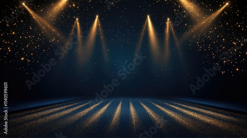 Dark blue stage with gold spotlight lines and shiny texture for award ceremony design