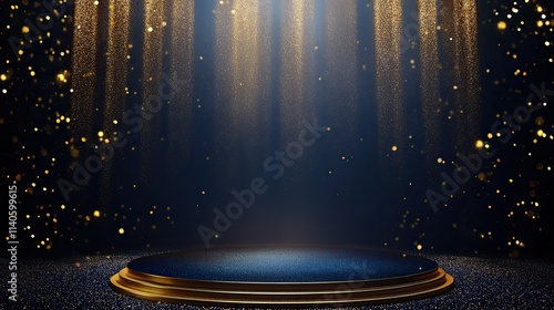 Dark blue stage with gold spotlight lines and shiny texture for award ceremony design
