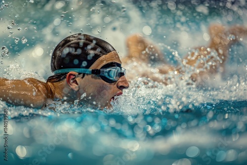 Swimmer with orange cap competes in water during a dynamic water polo match at an indoor aquatic facility in the evening photo