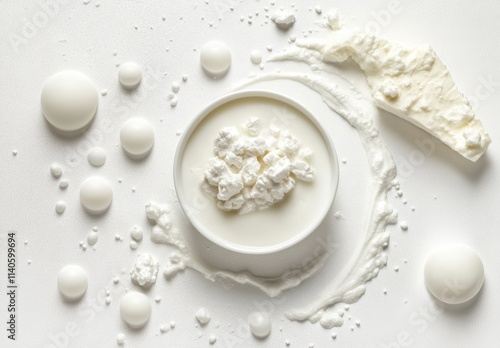 Fresh Dairy Products Displayed Artistically with Cream, Cottage Cheese, Milk Drops, and Whipped Cream on a Light Background for Culinary and Health Themes