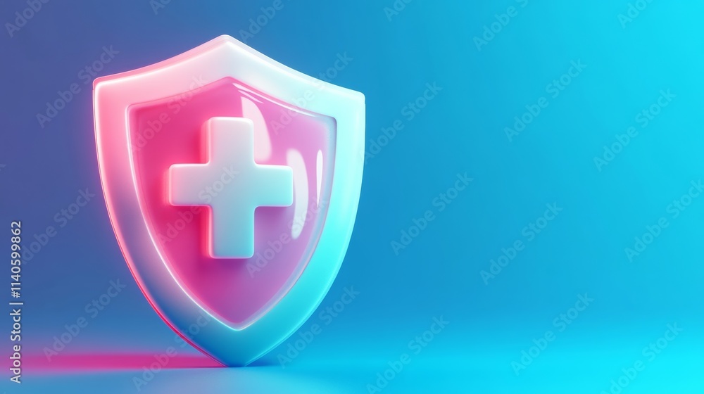Obraz premium Pink and white shield protecting health with cross symbol on blue background