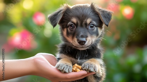 Cute puppy sitting on a woven rug in a cozy indoor setting with plants around