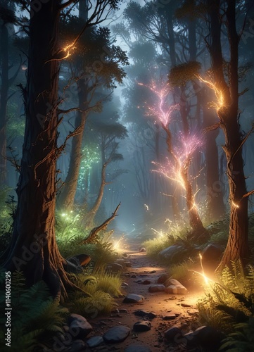 Glowing wisps of light thread their way through a dense forest of crystalline structures, imbuing the environment with an air of wonder and awe-inspiring beauty, awe, beautiful photo