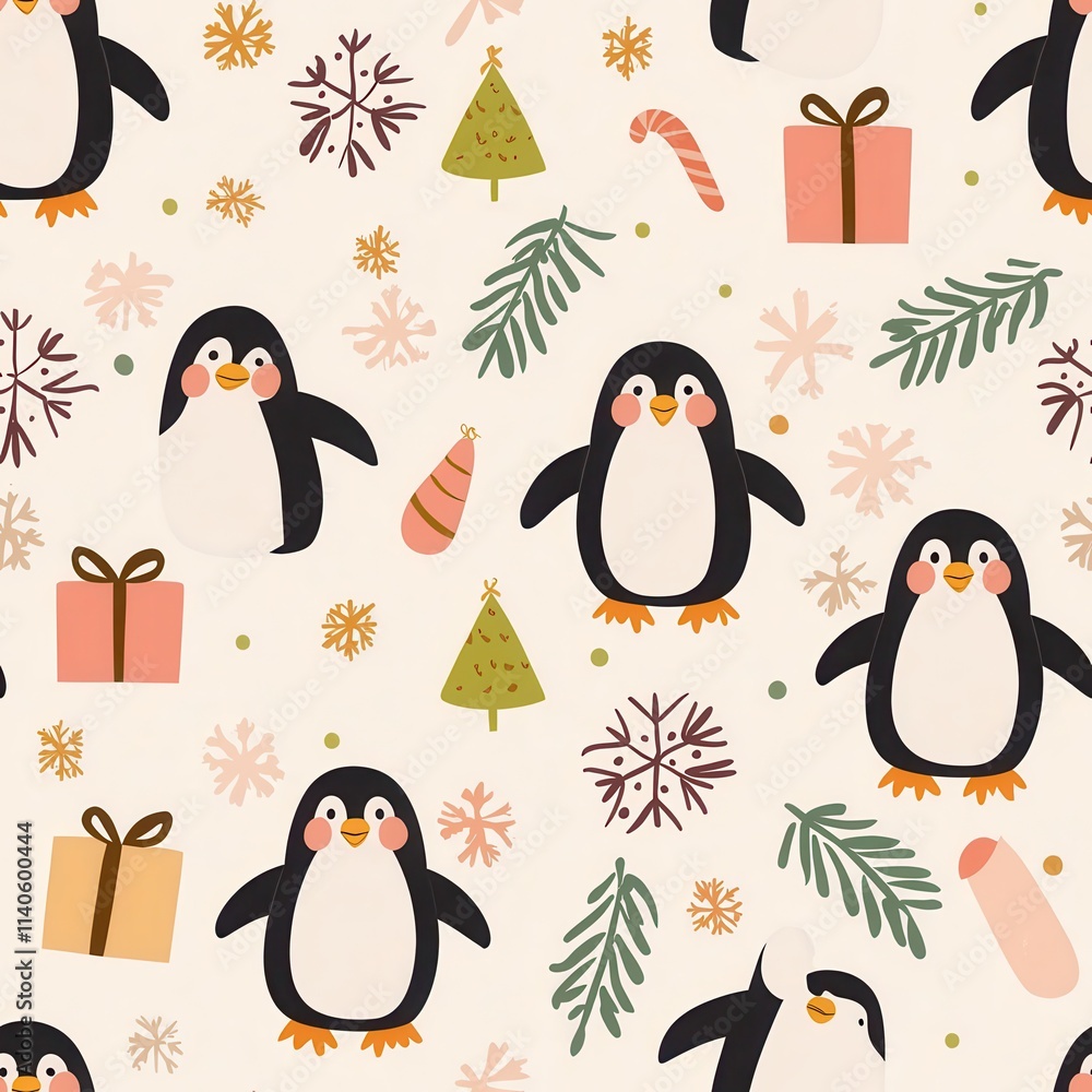 Fototapeta premium Gift wrap and christmas of Cute penguin pattern with festive elements like gifts and snowflakes.